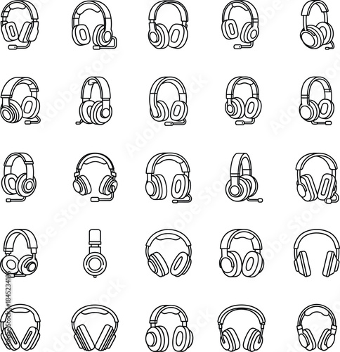 Headphones and audio headset outline icon set featuring modern listening devices and sound accessories
