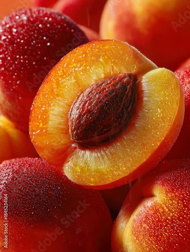 Fresh peaches and nectarines showcase their vibrant colors and juicy textures in a close-up display at the morning market