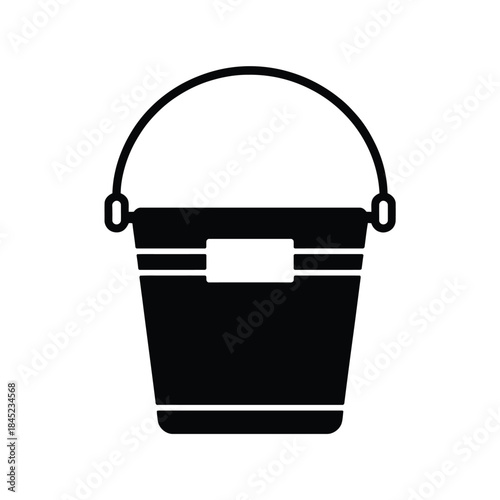 Simple black silhouette icon representing metal bucket or pail used for carrying water liquids or cleaning supplies industrial equipment vector