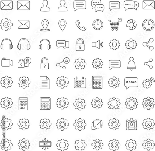 User interface and settings outline icon set featuring communication, profiles, notifications, and system controls