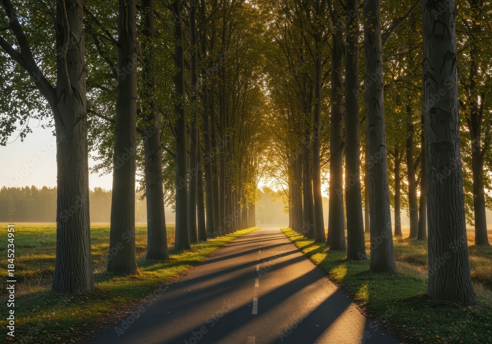 Obraz premium Tall poplar trees casting long shadows along the winding paved road leading through sunlit historic parkland during a peaceful autumn day ,sunny ,nature ,ancient