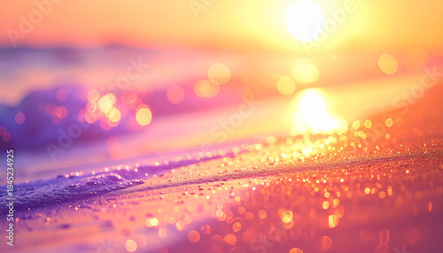 黄金色に輝く夕陽とグリッターが舞う紫の海岸