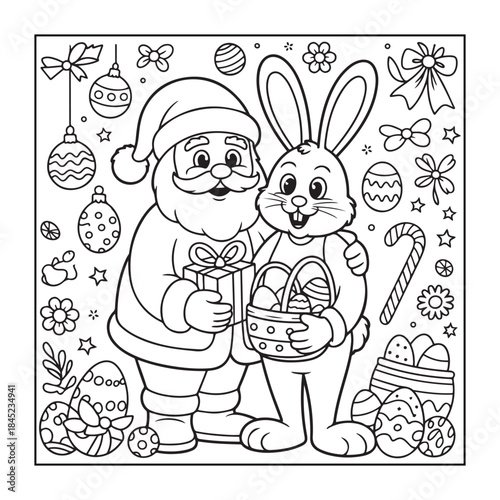 A cute cartoon Easter bunny holding colorful eggs and smiling happily.