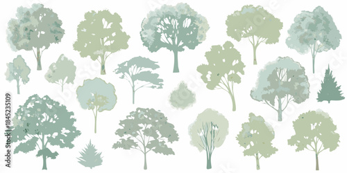 Collection of stylized trees in varying shapes and muted green tones