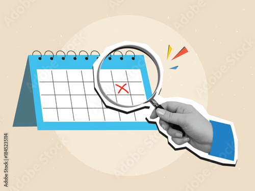 A person looks through magnifying glass at red mark in a paper planner. Planning Concept. Modern collage style. Vector illustration