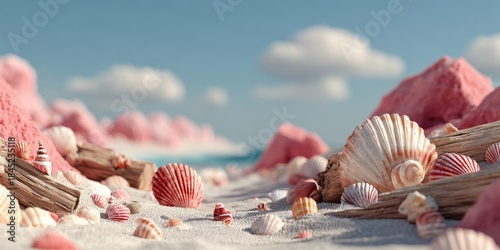 Vibrant Tropical Shoreline Scene with Seashells and Scenic Background Elements