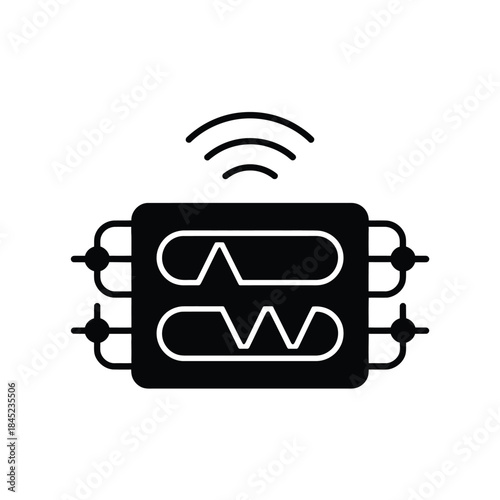 Black glyph icon representing a microchip with wireless signal transmission symbolizing communication and technology