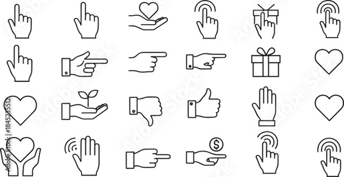 Hand gesture and interaction outline icon set featuring like, touch, point, gift, and support symbols