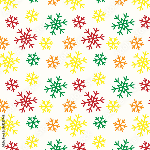 Seamless snowflake pattern with yellow, red, green, and orange snowflakes on an ivory background. Clean vector design for wrapping paper, textiles, kids projects, digital paper, and crafts.