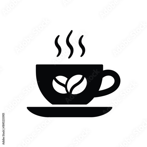 Steaming hot cup of coffee with saucer and graphic design of coffee beans on side vector graphic illustration