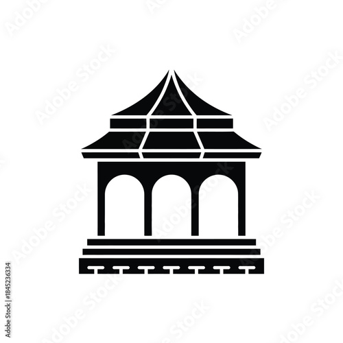 Outdoor garden gazebo pavilion structure symbol with pointed roof and arched openings for park resting area solid vector illustration graphic