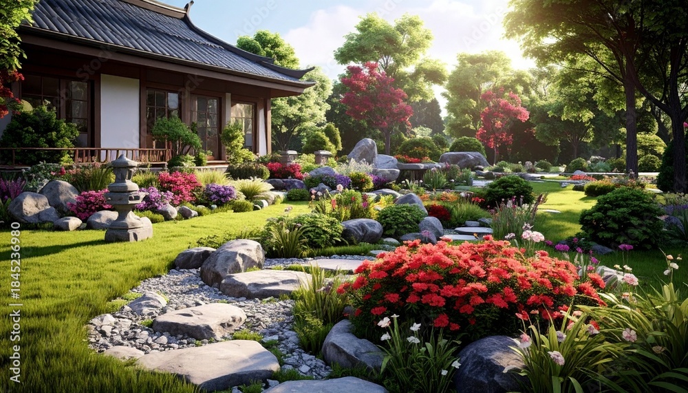 Fototapeta premium Tranquil japanese garden with lush greenery and traditional architecture
