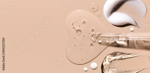 pipette drop of serum test, samples of cosmetic care products smears of cream gel texture on a beige background