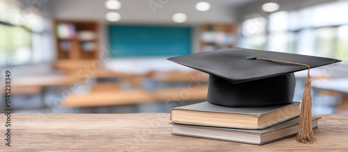 Graduation cap on books in classroom.