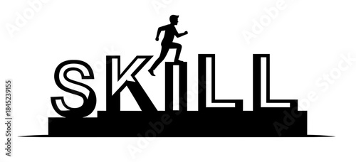 Dynamic illustration of the word "SKILL" with a figure demonstrating athletic prowess, symbolizing expertise, determination, and personal growth in a vibrant and energetic design