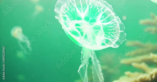 Glowing jellyfish drifting peacefully in marine environment. Surreal Underwater Bioluminescent Worlds.