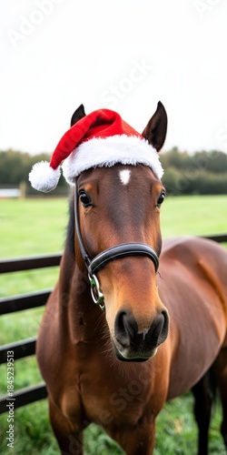 A Majestic Palfrey Enjoys a Festive Winter Holiday Season While Dressed in Santa Attire Outdoors