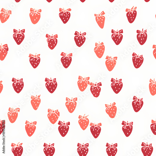 Vibrant pattern featuring strawberries with bows, showcasing playful and cheerful design. colors range from light pink to deep red, creating delightful visual appeal