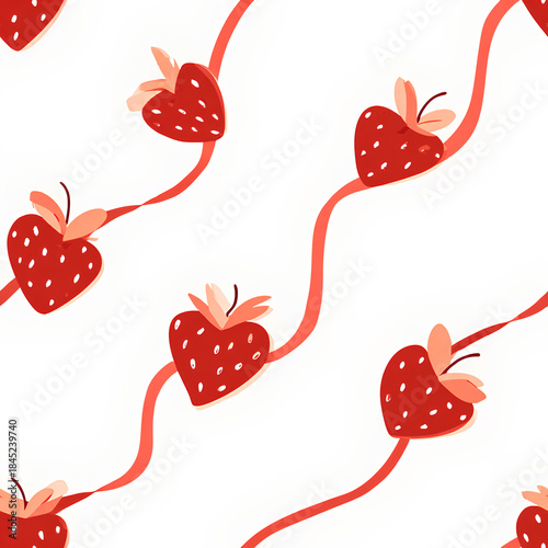 Colorful and playful pattern featuring heart shaped strawberries intertwined with flowing red lines, creating whimsical and cheerful design perfect for various creative projects