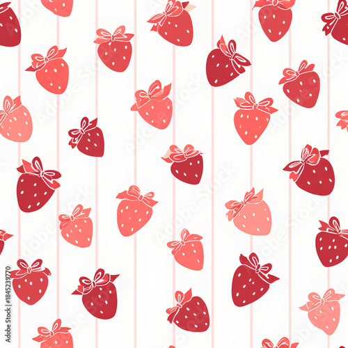 Colorful strawberry pattern with various shades of red and pink, featuring cute bows on each strawberry. This design is playful and vibrant, perfect for textiles or wallpapers