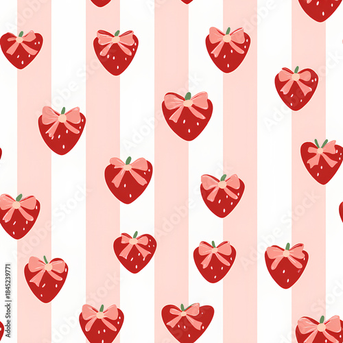 Playful pattern featuring red strawberries adorned with bows on soft pink and white striped background, evoking cheerful and whimsical atmosphere