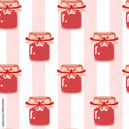 Charming pattern featuring jars of strawberry jam with decorative bows, set against alternating pink and white stripes, evoking sweet and playful atmosphere