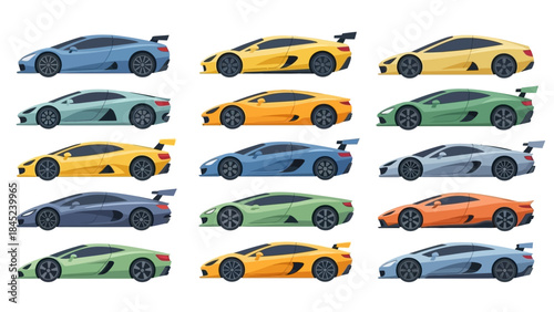 Collection of Modern High-Performance Sports Automobiles in Various Colors, Side View Illustrations
