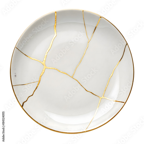 A white ceramic plate repaired with gold lacquer in the kintsugi style