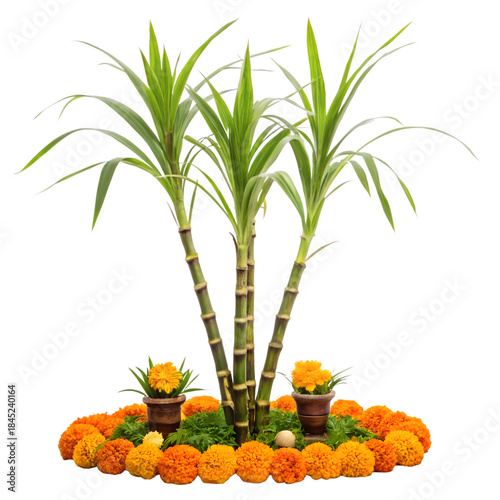 Sugarcane stalks decorated with vibrant marigold flowers for harvest festival celebration