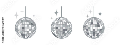 Mirror disco balls set isolated on white. Ideal for party invitations, dance club logos, nightlife posters, and music event graphics with retro vibe.