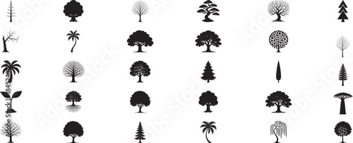 Silhouette collection of various tree types nature