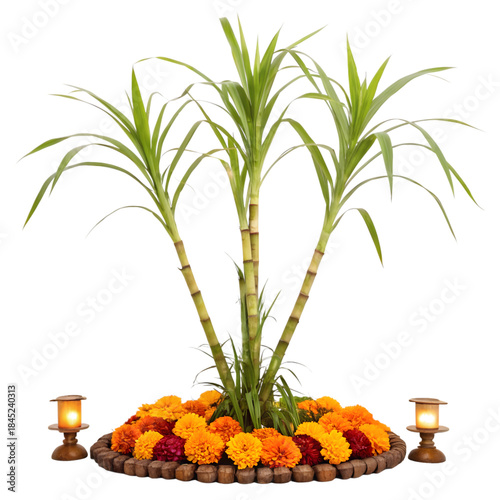 Sugarcane plant decorated with marigold flowers and traditional lanterns for a festival