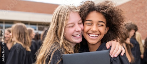 Graduation Day - Two Friends Embrace.