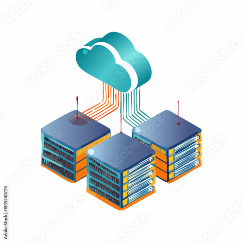 Isometric illustration of data servers and network connections.