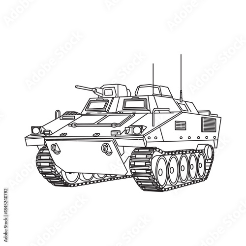Detailed line art illustration of a military armored fighting vehicle on tracks
