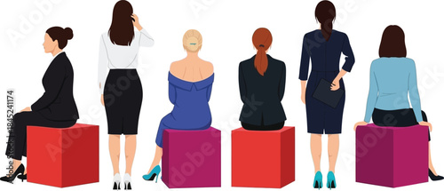 Diverse group of professional women in business attire, sitting and standing on colorful blocks, symbolizing empowerment, collaboration, and modern female leadership in the workplace
