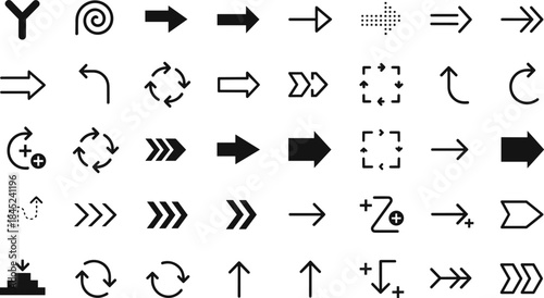 Comprehensive black vector icon set featuring various arrow styles, spiral shapes, refresh, zoom, and essential user interface navigation and action symbols.