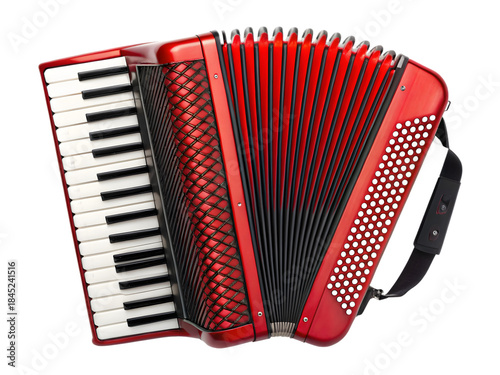 A vibrant red piano accordion with black bellows and white keyboard, isolated on a dark background