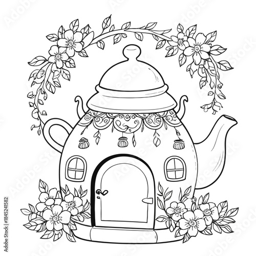 Fantasy Teapot House Line Illustration