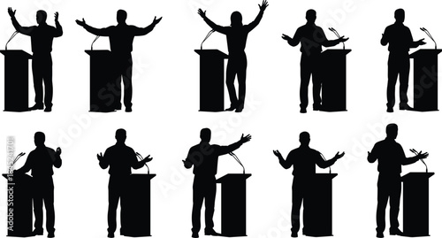 Public speaker silhouettes set, man speaking at podium poses, presentation and speech concept, black white vector illustration