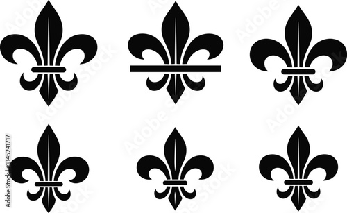 Fleur de lis symbols set, heraldic floral icons collection, French emblem design, black white vector illustration, classic decorative motif