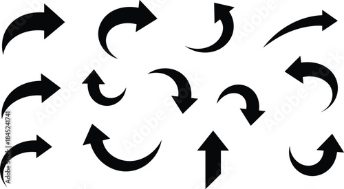 Curved arrow icons collection, directional navigation symbols, circular motion arrows, black white vector illustration, modern graphic design