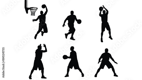 Collection of six black silhouette icons depicting basketball players executing various dynamic moves near a hoop