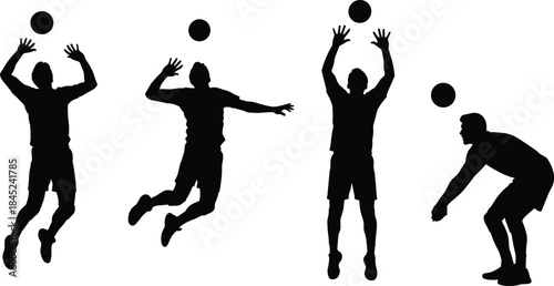 Volleyball player silhouettes set, sports action poses, jumping and serving athletes, black white vector, dynamic team illustration