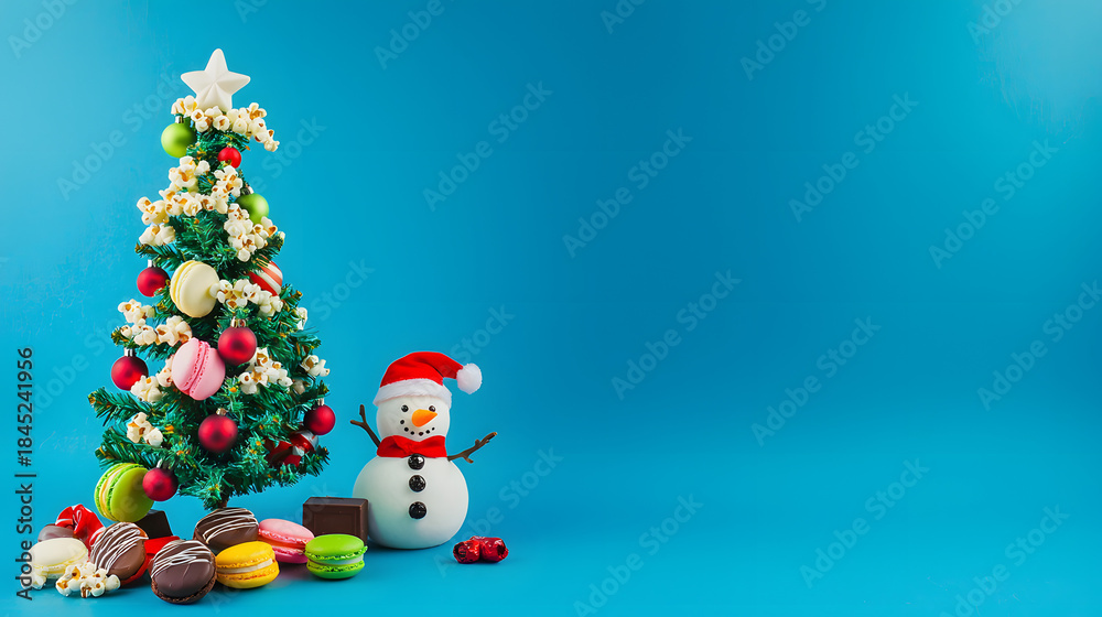 Fototapeta premium A snowman stands next to a Christmas tree decorated with popcorn, cookies, macarons, and sweets, against a blue studio background with ample copy space
