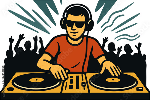 Cool Party DJ Playing Turntables Illustration, Flat Nightclub Music Performance Vector