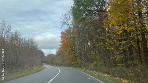 Driving through autumn forest road