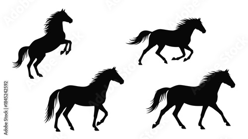 Elegant black silhouettes of horses in various dynamic poses and forms