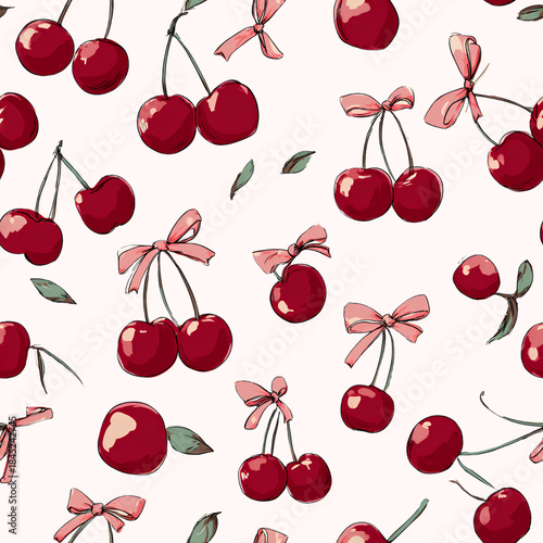 Vibrant pattern featuring hand drawn cherries with bows and leaves, creating playful and cheerful design. Perfect for textiles or wallpapers