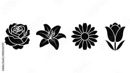 Black silhouette floral collection featuring a rose lily daisy and tulip